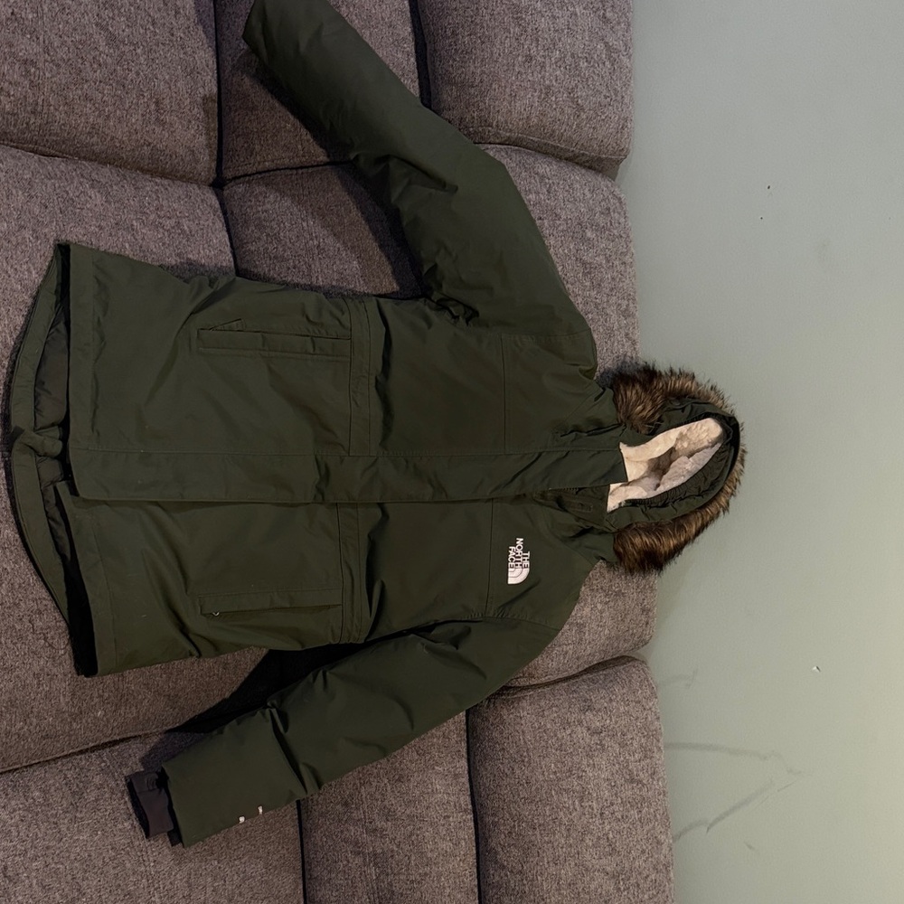 The North Face Kids' Green Parka Jacket with Faux Fur Hood